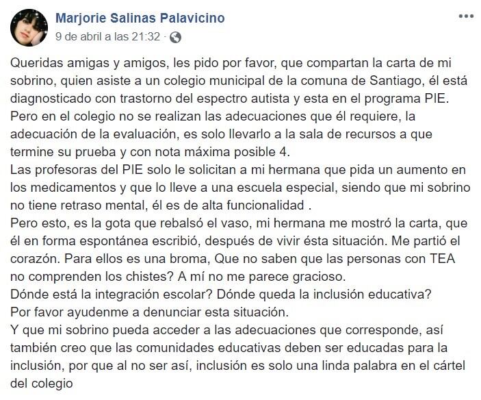 La desgarradora carta de un niño autista que sufría bullying por parte de un profesor (Foto: captura Facebook)