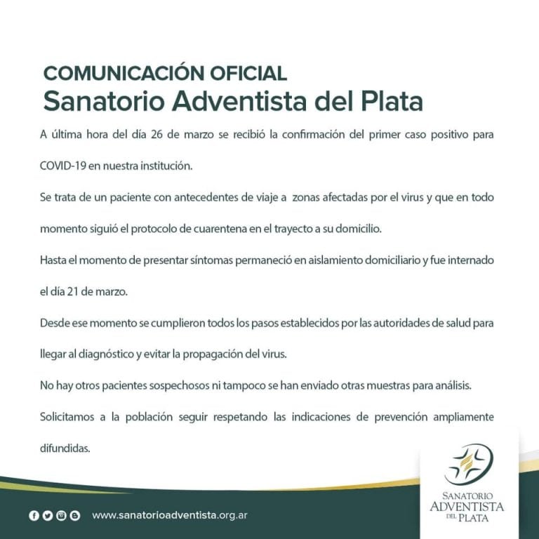 Comunicado del Sanatorio Adventista del Plata