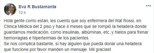 Pidió por Facebook una heladera para el Hospital Rossi.