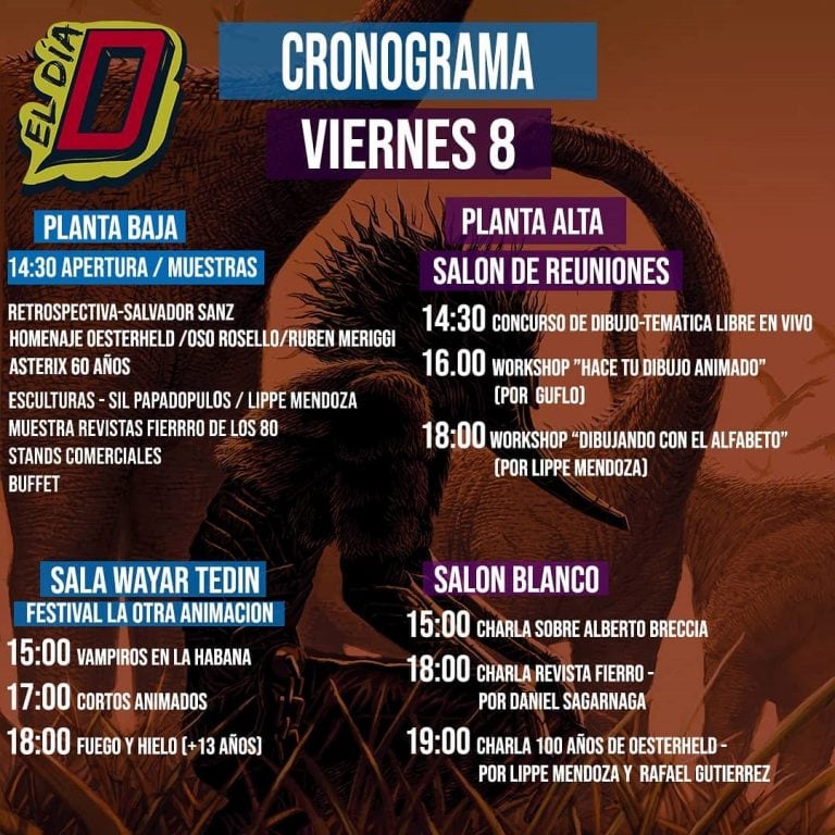 Cronograma viernes 8 El Día D, convención de historietas, ilustración y animación (Facebook Centro Cultural América)