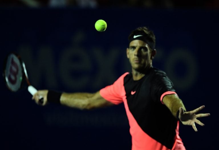 TOPSHOT - Argentina's Juan Martin del Potro returns the ball to Spain´s David Ferrer during their Mexico ATP 500 Open men's singles tennis match in Acapulco, Guerrero State on February 28, 2018. / AFP PHOTO / PEDRO PARDO