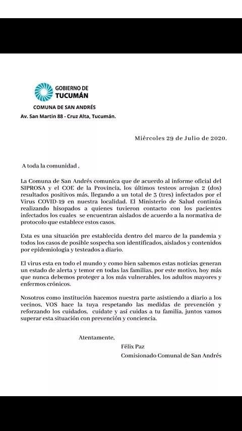 Comunicado oficial del delegado comunal Féliz Paz.