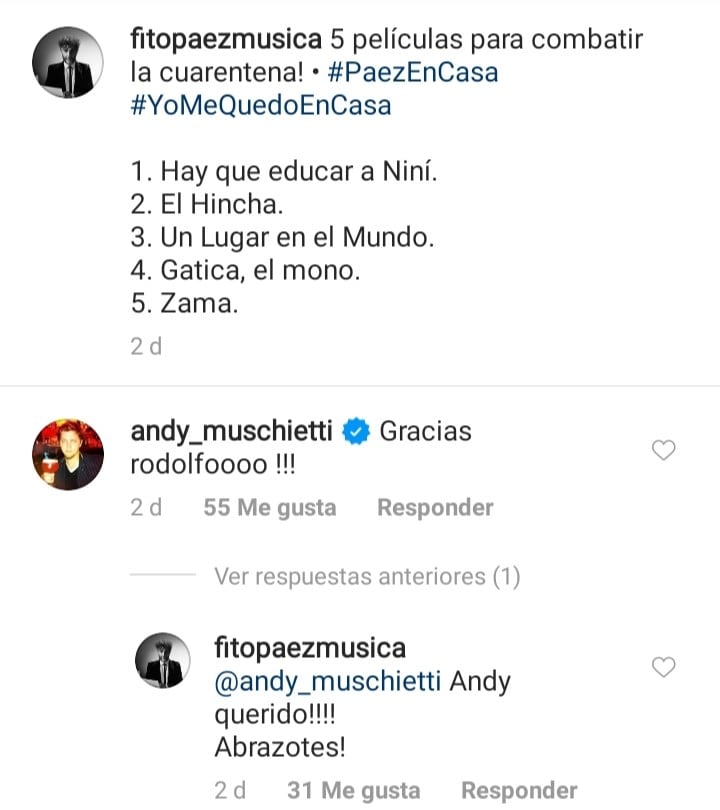 Muschietti le agradeció a Fito su publicación con recomendaciones de cine. (@fitopaezmusica)