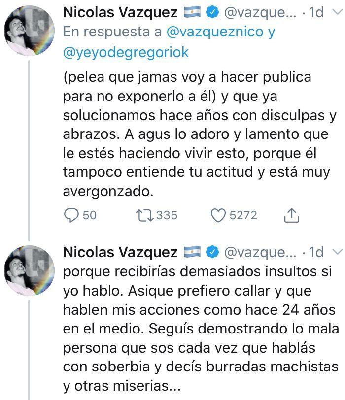 Tuits de Nicolás Vázquez en respuesta a Stéfano De Gregorio.