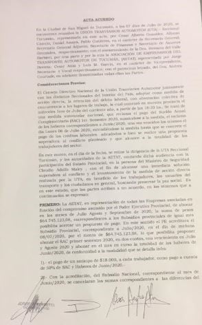 Acta de acuerdo entre UTA y AETAT.