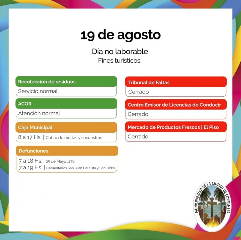 Feriado del 19 de agosto: cómo van a funcionar los servicios en la ciudad de Corrientes