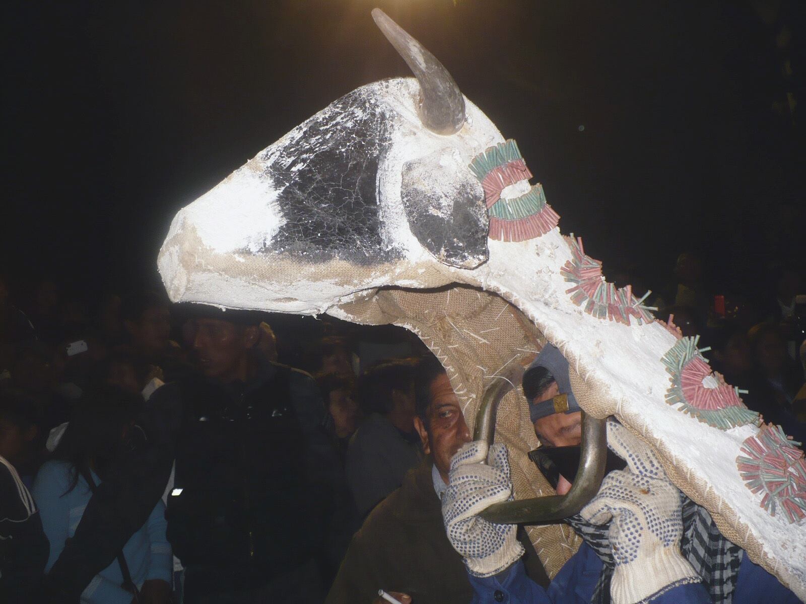 Un promesante carga en la espalda el armazón de alambre y cartón que lo convierte en uno de los "toritos" que ofrendan su danza a la Virgen de la Candelaria, en Humahuaca.