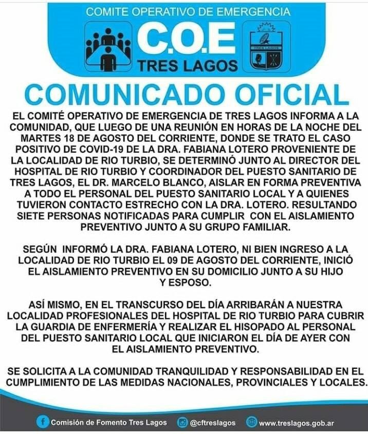 Comunicado oficial del COE Tres Lagos.