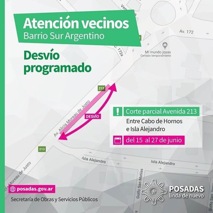 Desvío en la Avenida Moreau de Justo de Posadas, Misiones.