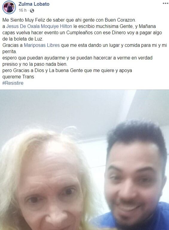 El agradecimiento de Zulma. (Facebook)