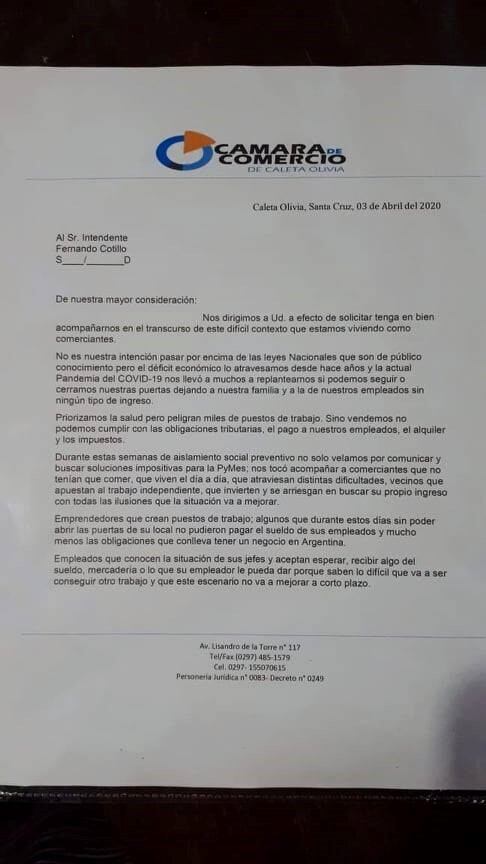 Los comerciantes le enviaron una nota al intendente municipal, Fernando Cotillo el pasado viernes.