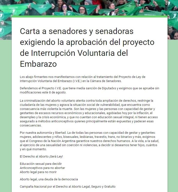 Carta a senadores pidiendo por la aprobación del proyecto.