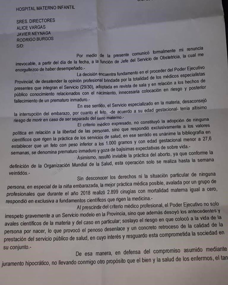 Carta de renuncia del dr. Briones