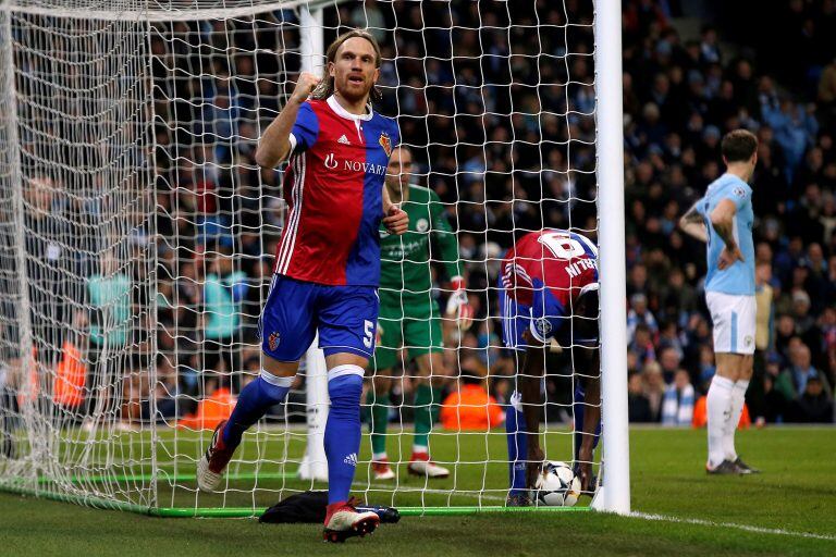 Soccer Football - Champions League Round of 16 Second Leg - Manchester City vs FC Basel - Etihad Stadium, Manchester, Britain - March 7, 2018   Basel’s Michael Lang celebrates scoring their second goal    REUTERS/Andrew Yates