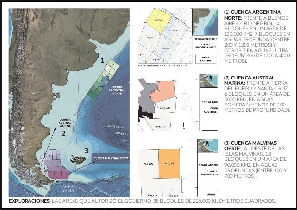 Áreas de exploración off shore en la cuenca de Tierra del Fuego.