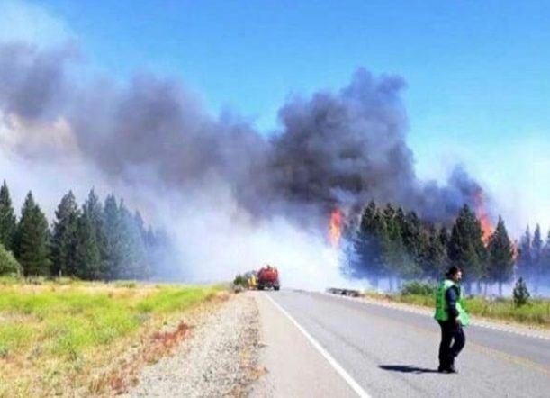 Incendio en el ingreso a El Maiten, después de que se descontrolara  una quema de pastizales realizada por el municipio.