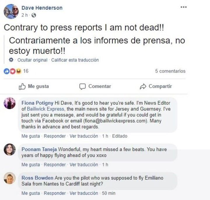 El mensaje de Dave Henderson, el presunto piloto de la avioneta en la que viajaba Emiliano Sala.