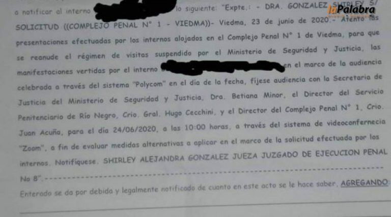 Reclamo de los internos del Penal N°1 de Viedma, que hicieron un motín para pedir el regreso de las visitas (web).