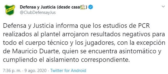 Caso positivo en Defensa y Justicia.