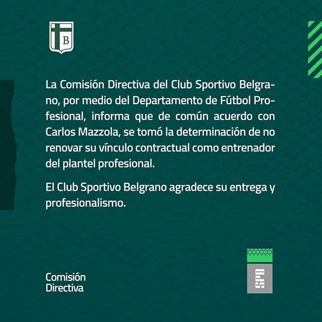 Comunicado de la desvinculación de Mazzola de Sportivo Belgrano