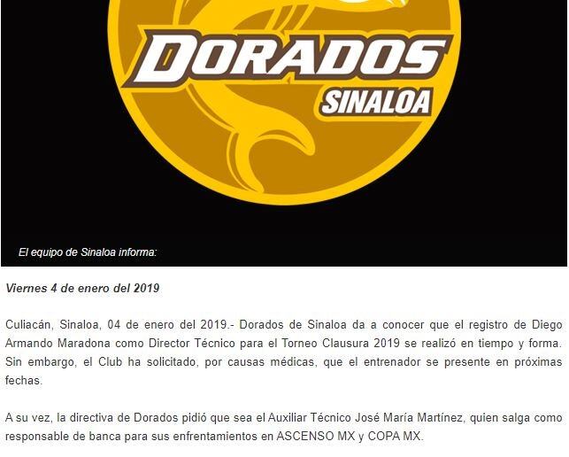 Comunicado de Dorados de Sinaola.