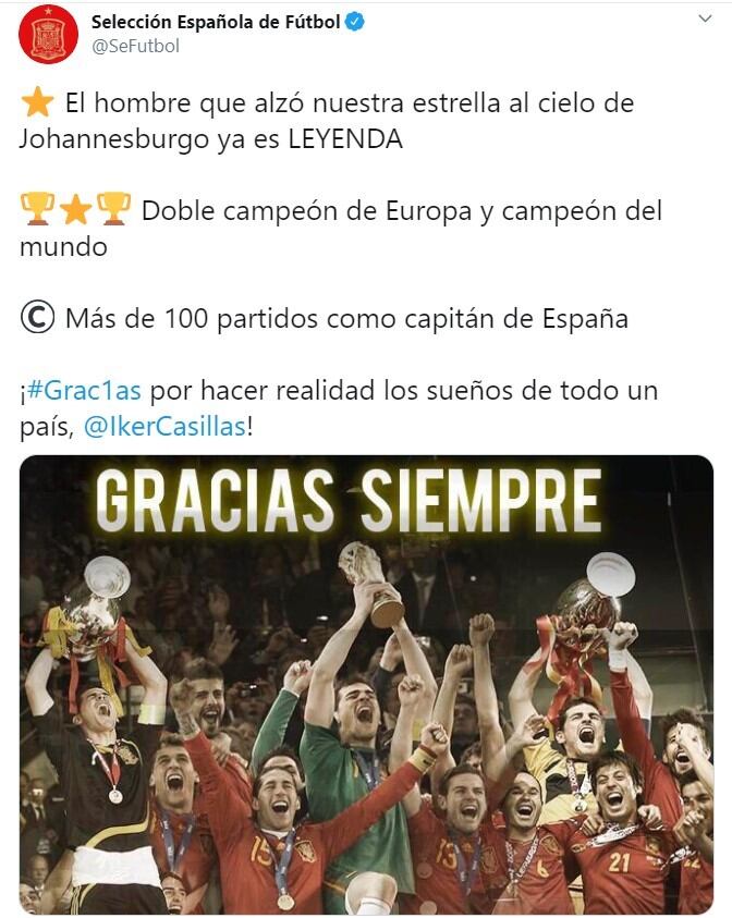 La despedida de la Selección Española a Iker Casillas (Foto: captura Twitter)