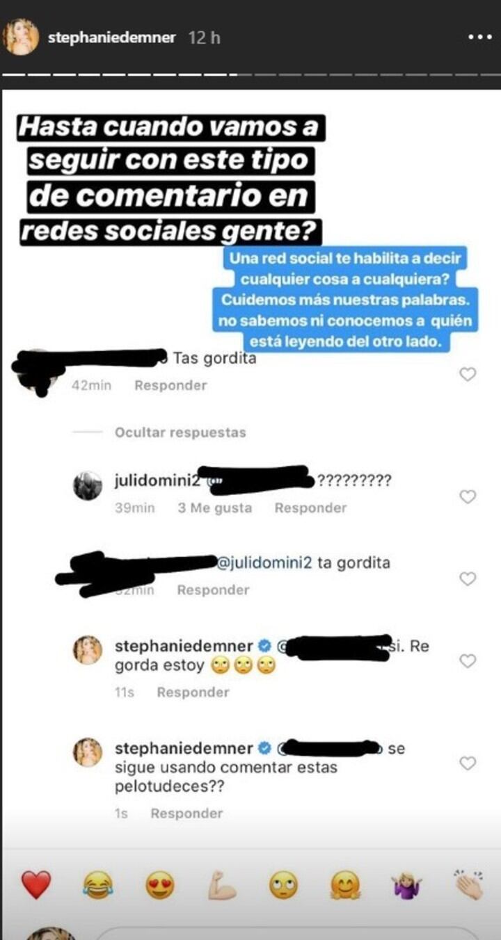 Stephanie Demner publicó el cruce que tuvo con una seguidora tras recibir un comentario ofensivo