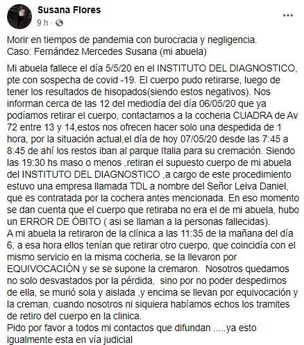 Susana Flores expresó su dolor y malestar tras lo sucedido (Facebook).