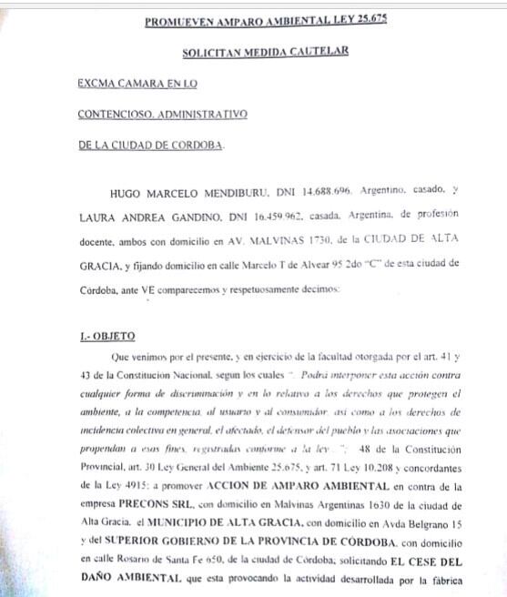 Alta Gracia: amparistas solicitan el cese del daño ambiental que está provocando la actividad desarrollada por la fábrica PRENCOS.SA.