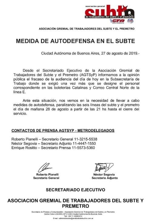 La Asociación Gremial de Trabajadores del Subte y Premetro anunció un paro para el miércoles.