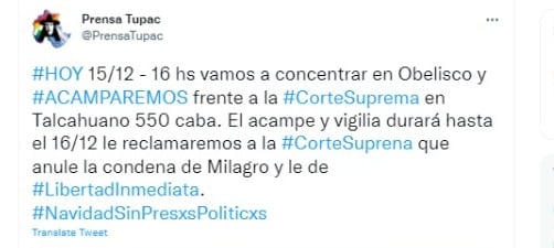 Desde la Tupac Amaru piden la "liberación inmediata" de Milagro Sala. (Foto: Twitter)