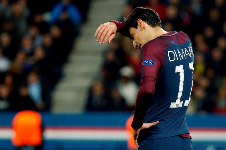 Paris Saint-Germain's Argentinian forward Angel Di Maria reacts  during the UEFA Champions League round of 16 second leg football match between Paris Saint-Germain (PSG) and Real Madrid on March 6, 2018, at the Parc des Princes stadium in Paris. / AFP PHOTO / GEOFFROY VAN DER HASSELT