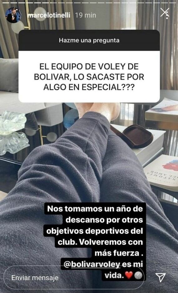 Tinelli sobre la baja de Bolívar Vóley. (Foto: Instagram)