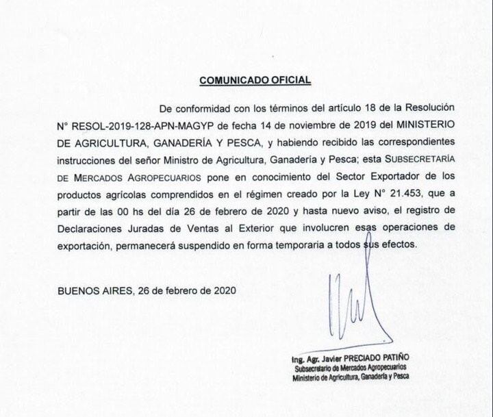 El comunicado del Ministerio de Agricultura, Ganadería y Pesca sobre el incremento de 3% de las retenciones.