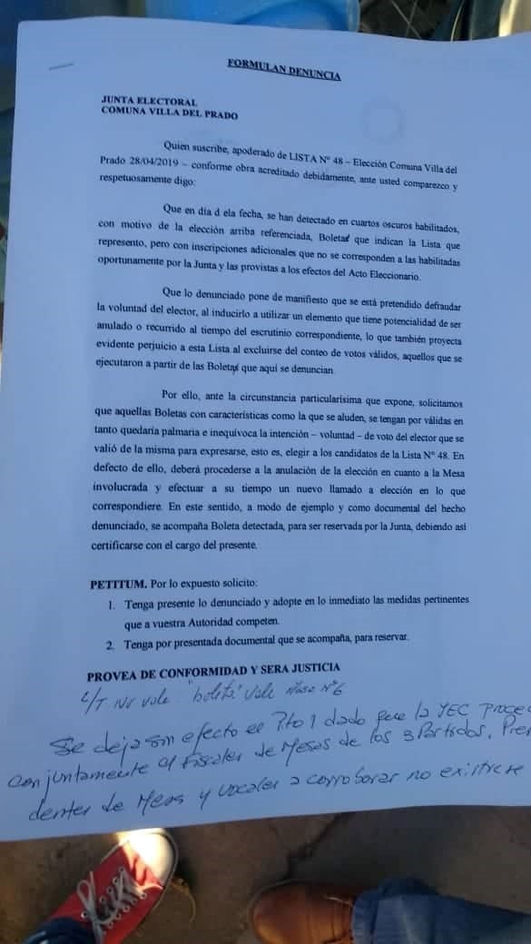 Denuncia presentada por el apoderado de la Lista Nº48.