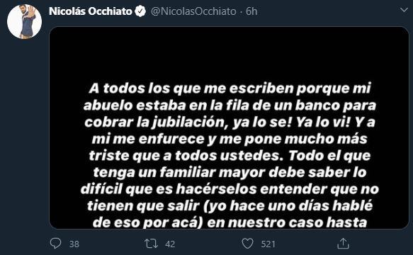 A Nico Occhiato le avisaron que su abuelo estaba en una de las largas filas y reaccionó: "Me enfurece"