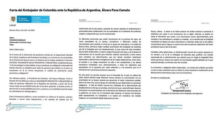 La carta del Embajador colombiano dirigida al Gobernador de Jujuy.