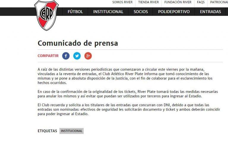 El comunicado de River.