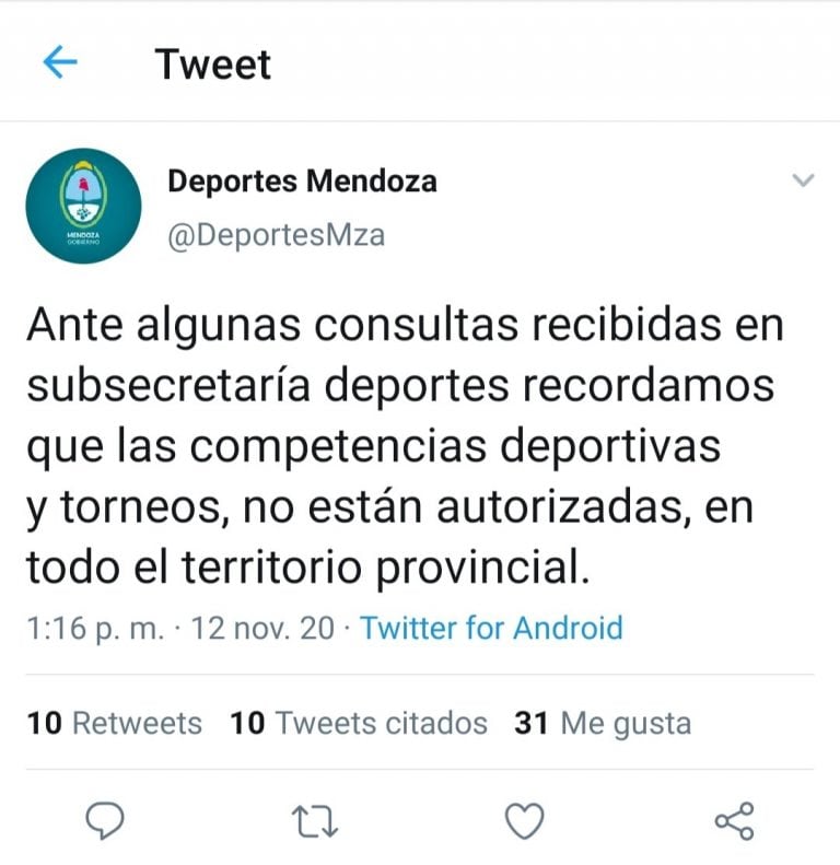 Mensaje de Deportes Mendoza.