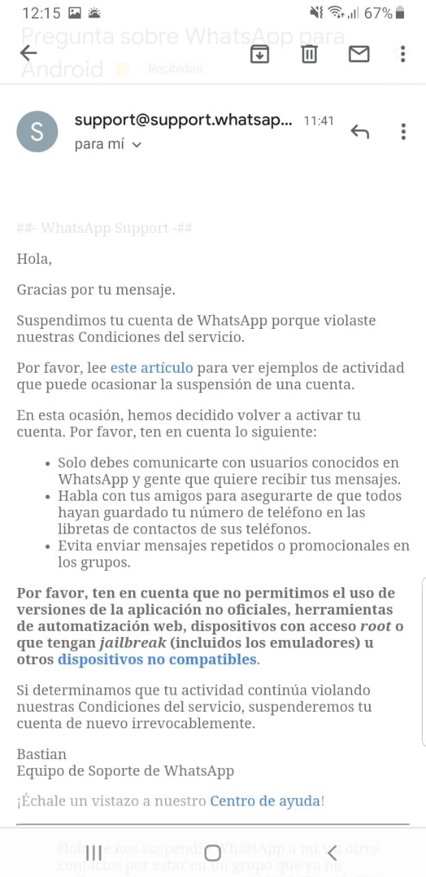 Correo de la red social donde explica lo sucedido