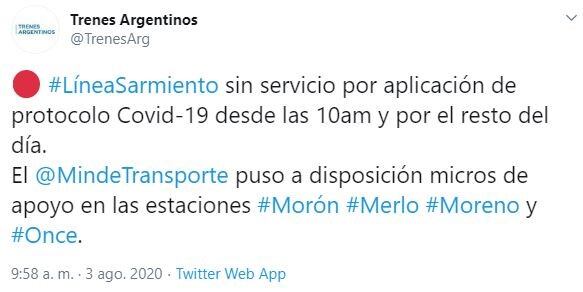 Mensaje de Trenes Argentinos. (Twitter)