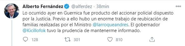 Los mensajes de Alberto Fernández sobre Guernica y el caso Etchevehere. (Twitter)