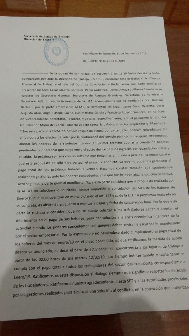 Paro de transporte: el acta redactada por los sectores. (CIMECO)