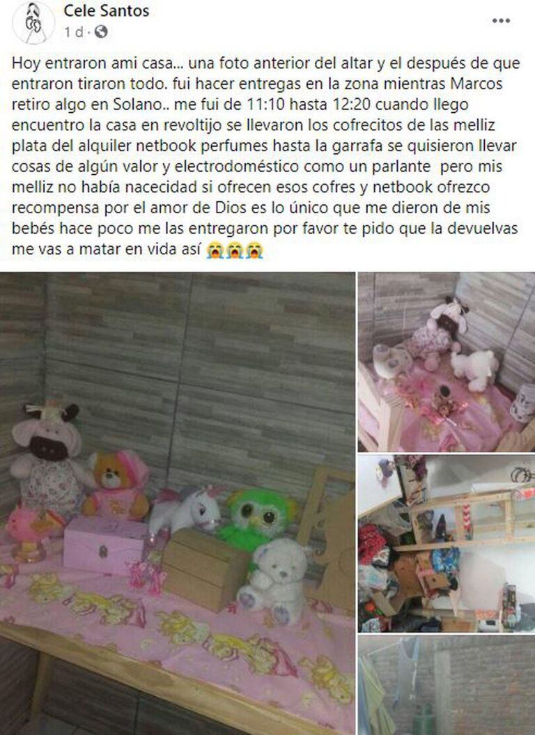 Quilmes: entraron a robar a su casa y se llevaron las cenizas de sus hijas mellizas. (Facebook)