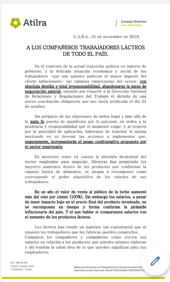 Comunicado de ATILRA conciliación obligatoria