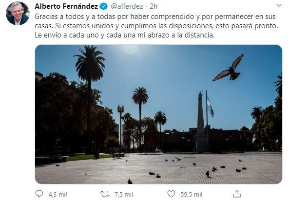 Alberto Fernández agradeció a los argentinos en el inicio de la cuarentena total. (Twitter/@alferdez)