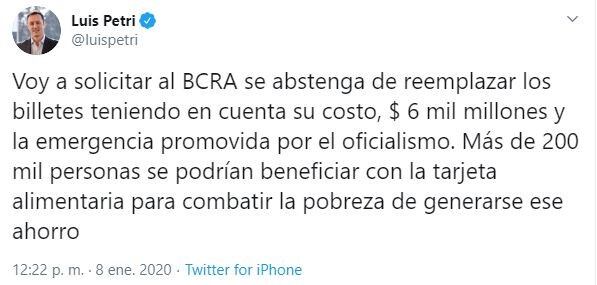 La solicitud del diputado Luis Petri. (Twitter)