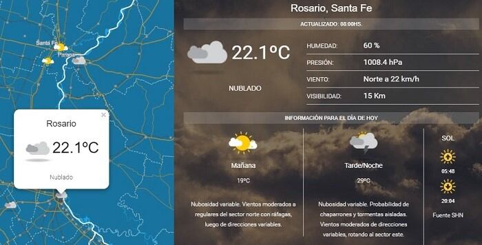 El clima para este domingo en la ciudad de Rosario. (SMN)