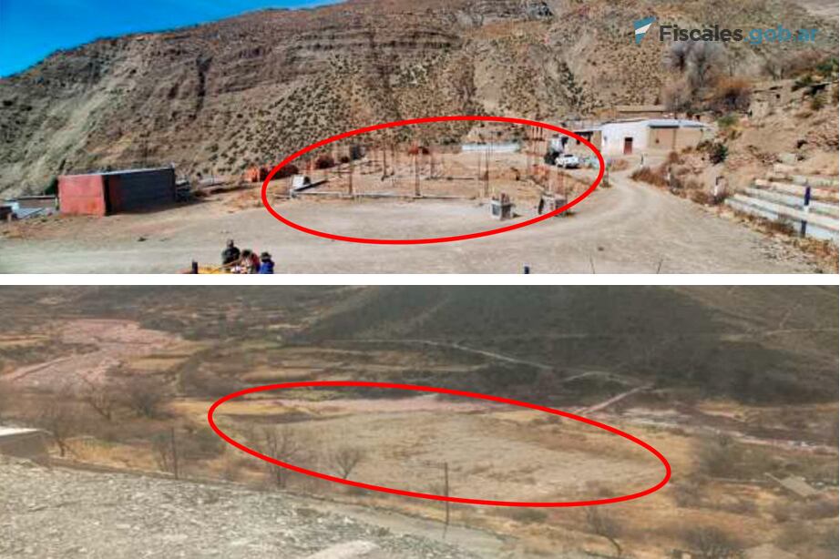 Arriba, la obra paralizada de la escuela, en el terreno que era una cancha de futbol. Abajo, el espacio señalado como yacimiento arqueológico que que había sido acondicionado para trasladar el campo de juego.