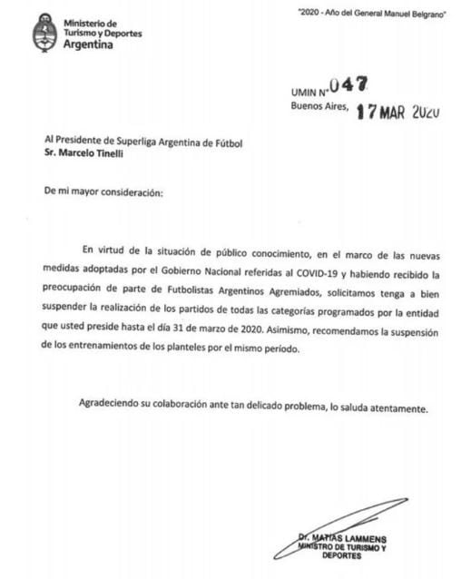 Oficializaron la suspensión del fútbol argentino: la carta que envió el Gobierno.